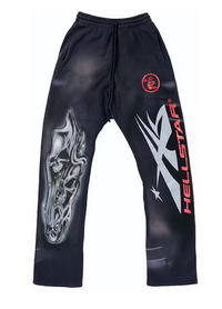 Hellstar Airbrushed Skull Flare Bottom Sweatpants Midnight Dye Black