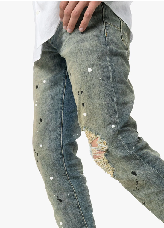 PURPLE BRAND Indigo Mid Rise Destroy Paint Jeans