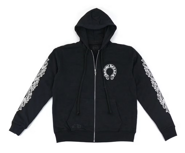 Chrome Hearts Horseshoe Floral Cross Sleeve Zip Up Hoodie Black/White