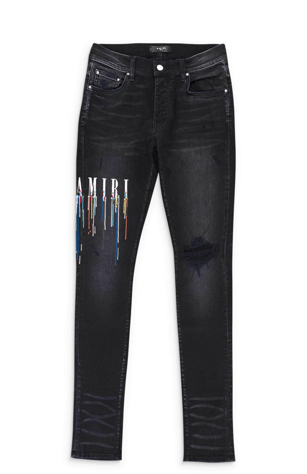 NWT Amiri PAINT DRIP LOGO JEAN Aged Black Straight-Fit Jeans