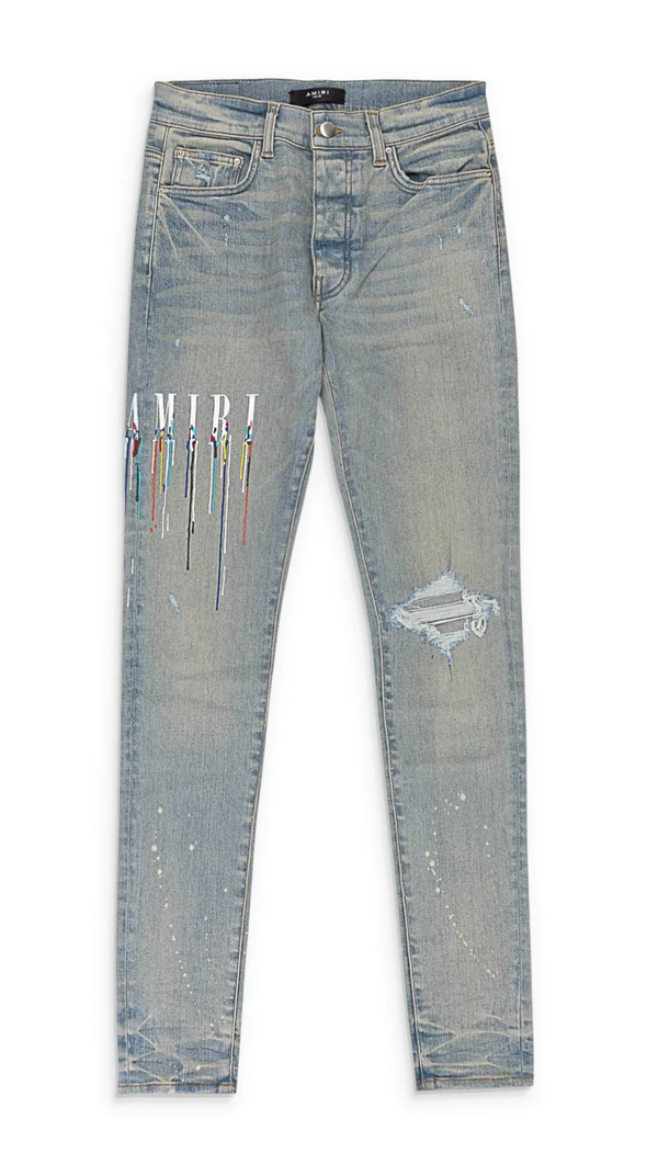 NWT Amiri PAINT DRIP LOGO JEAN Clay Indigo Straight-Fit Jeans