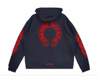 Chrome Hearts Navy/Red Horseshoe Floral Sleeve Pullover Hoodie
