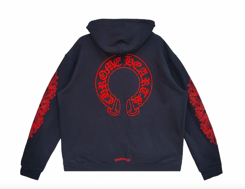Chrome Hearts Navy/Red Horseshoe Floral Sleeve Pullover Hoodie