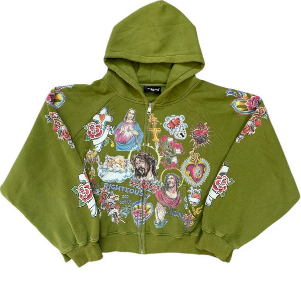 We Are Righteous Risen King Cropped Zip-Up Hoodie Moss