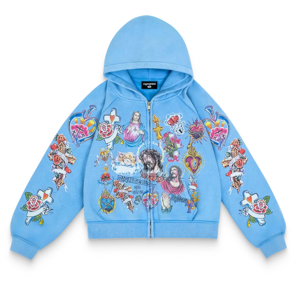 We Are Righteous Risen King Cropped Zip-Up Hoodie Blue