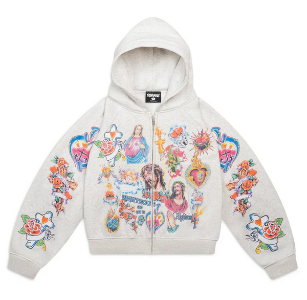 We Are Righteous Risen King Cropped Zip-Up Hoodie Grey
