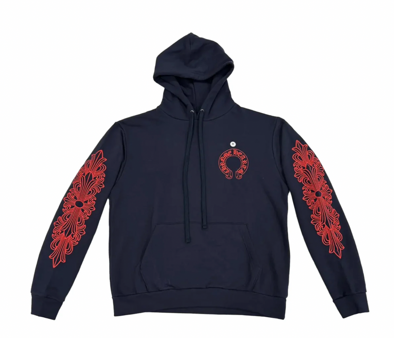 Chrome Hearts Navy/Red Horseshoe Floral Sleeve Pullover Hoodie