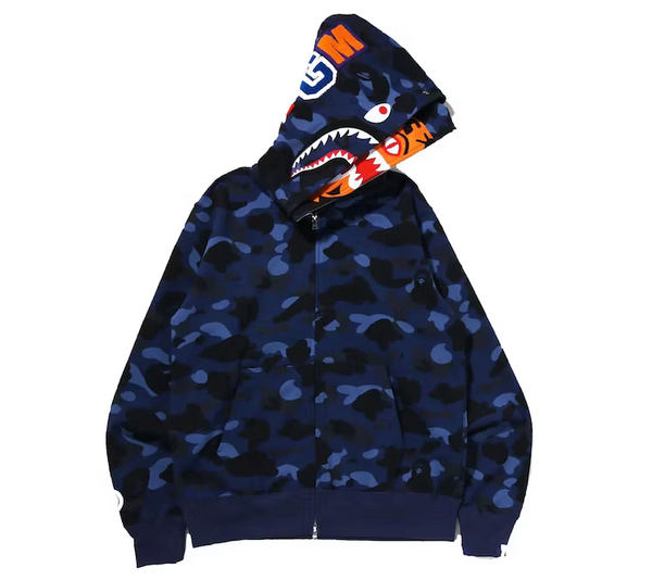 BAPE Color Camo Tiger Shark Wide Full Zip Double Hoodie (SS22) Navy