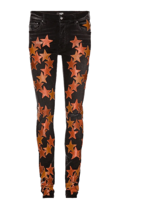 Amiri x Chemist Orange Leather Star Patch Jeans Aged Black